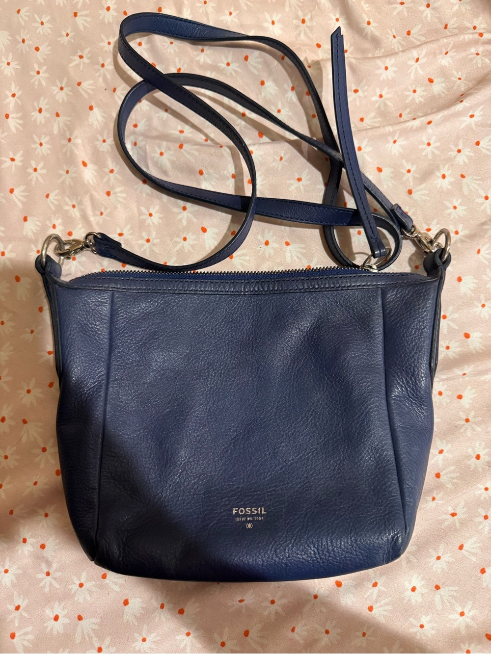 Fossil Navy Blue Pebbled Leather Crossbody
